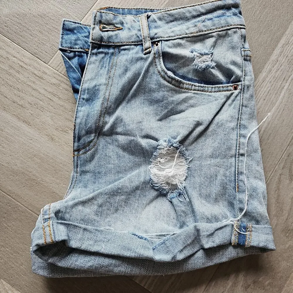 Ripped Distressed Denim Jean Shorts High‎ Waisted Cuffed Hem Blue H&M Size 6